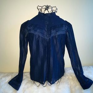 FRNCH Paris Sheer Lace Blouse Size S Navy Blue